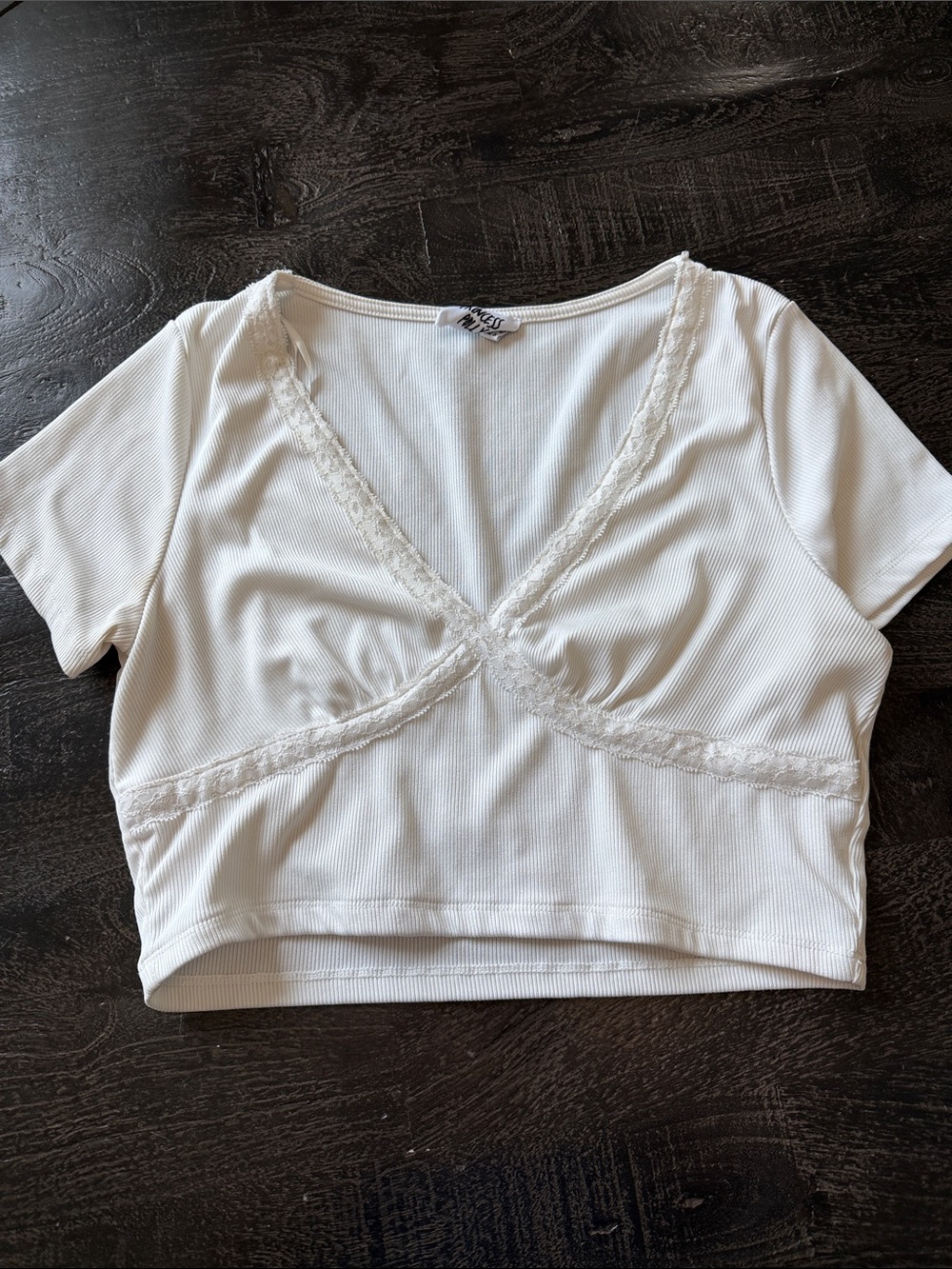 Princess Polly White Ribbed V-Neck Lace-Trim Crop Top - Picture 1 of 4